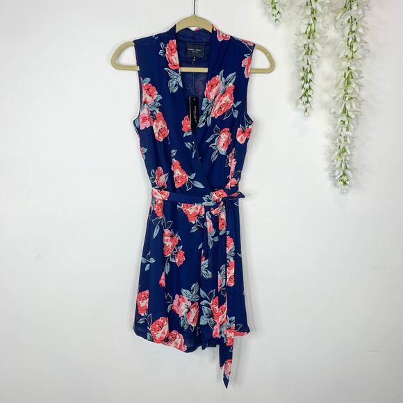 NWT ROMEO & JULIET COUTURE floral wrap dress mini belted navy preppy 2903 - Picture 1 of 11